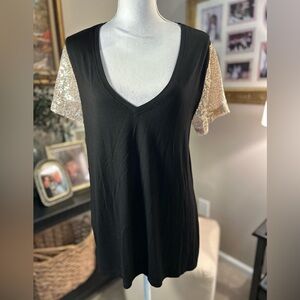 POL Black N Neck Top with Gold Sequined Sleeves